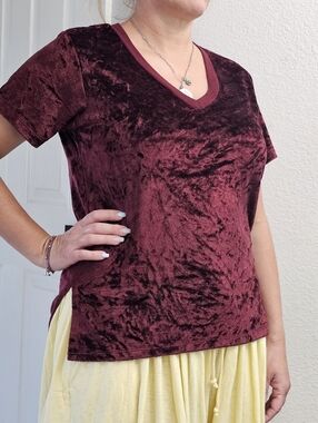 So Soft & Cute Women's Plum Michael Stars Velvet V Neck Short Sleeve Top Medium.